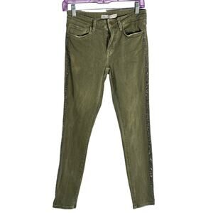 Zara Basic Stretch Skinny Jeans Size 06 Olive Rhinestone Embellished Distressed
